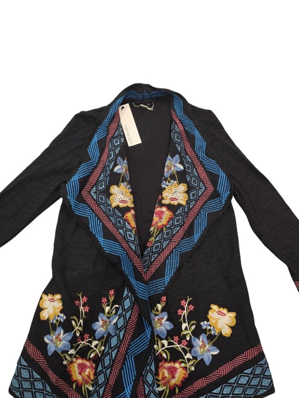 Paparazzi NWT Embroidered Open-Front Black Cardigan With Floral Accent Tribal SM - Picture 6 of 7